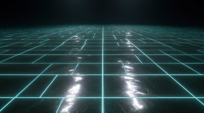 A dark, reflective gridded surface stretches to a vanishing point under a single light source, evoking a retro-futuristic aesthetic