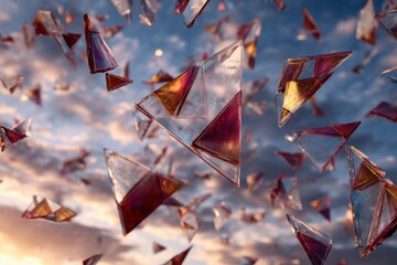 Translucent triangular shards drift amidst a vibrant sunset sky, displaying internal, colored light refractions