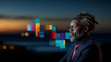 Visionary Contemplation: A distinguished professional, wearing glasses and a suit, gazes thoughtfully into the distance, the colorful abstract blocks suspended before him hint at innovation, insights.