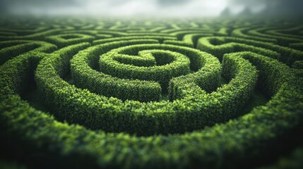 Lush green spiral maze, shrouded in misty atmosphere