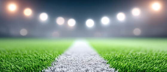 Naklejka premium Bright stadium lights illuminate green football field with white line in center, creating energetic and vibrant sports atmosphere