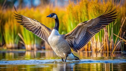 Aggressive Canada goose with feathers ruffled, beak open, and wings spread, defending territory, standing alone in a serene natural wetland environment during spring.