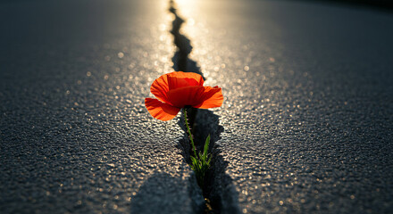 Red Flower Growing Through Cracked Pavement – Symbol of Hope and Resilience.