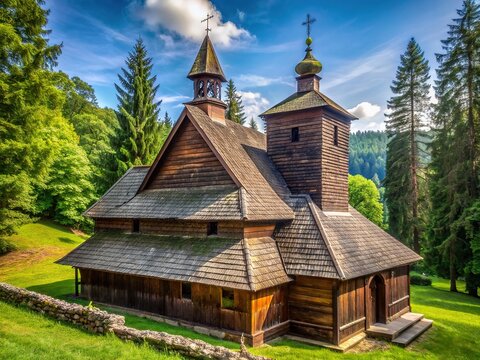 Ancient wooden church from 1638 with rustic wooden walls, steeply pitched roof, and a delicate bell tower, surrounded by lush greenery in Sedli&Aring;&iexcl;t&Auml;&rsaquo;, Czech Republic.