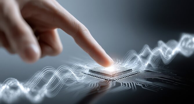 A fingertip gently touches a glowing microprocessor, surrounded by ethereal energy waves, suggesting technological innovation and connection