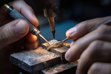 Close-up of jeweler's hands meticulously crafting a diamond ring using precision tools and a workbench