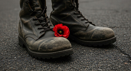 Worn Military Boots with Red Poppy Flower – Memorial Tribute Symbol of Sacrifice