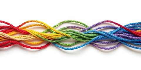 Interconnected threads in various colors form a strong and cohesive bond, symbolizing unity and togetherness, set against a clean and minimalist white background.