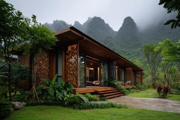 Modern wooden villa nestled in lush greenery against a misty mountain backdrop