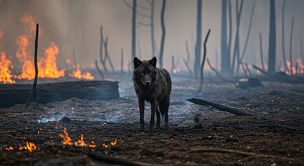 Wolf Standing in Burning Forest After Wildfire Natural Disaster