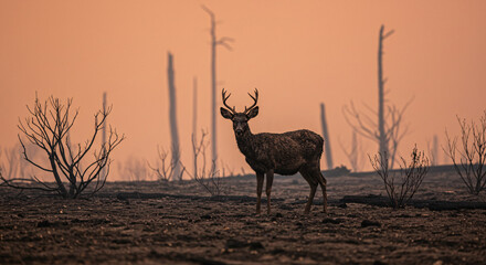 Deer Standing Alone in Burnt Forest After Wildfire Disaster