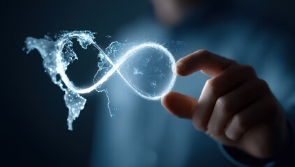 A hand gently interacts with a luminous, global infinity symbol formed from swirling, watery digital particles