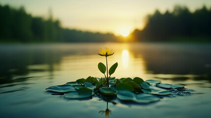 Naklejka premium Serene sunset scene featuring a single yellow water lily blooming on a calm lake, surrounded by lush green lily pads. The tranquil image evokes feelings of peace and natural beauty.