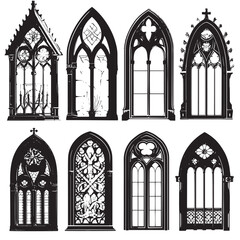 Gothic windows outline set. Silhouette of vintage stained glass church frames , black silhouettes isolated on white background