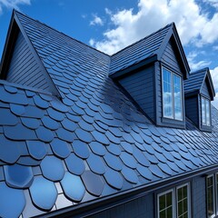 Solar shingles being installed on futuristic smart homes, eco-luxury,generative ai illustration