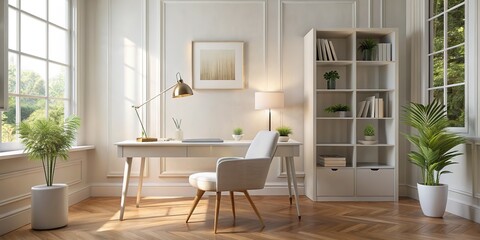 Serene frosty white study room with cream upholstered chair, minimalist desk, and sleek floor lamp, exuding calmness and elegance in a bright, airy atmosphere.