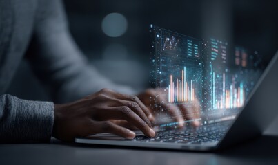 Person's hands hover over a laptop keyboard, interacting with a translucent holographic display showing dynamic data graphs and charts in a dimly lit setting