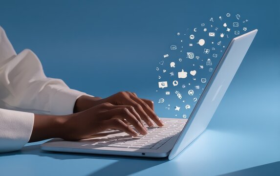 Person's hands typing on a laptop, social media icons emanating from the screen against a blue background