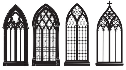 Gothic windows outline set. Silhouette of vintage stained glass church frames , black silhouettes isolated on white background