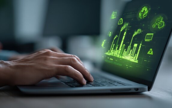 Close-up of hands using laptop displaying green digital industrial data and environmental icons, suggesting sustainability analysis