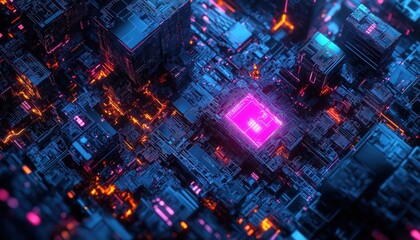 Fototapeta premium Futuristic Digital City Circuit Board with Neon Lights and Technology