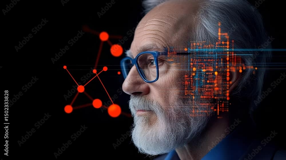 Poster senior scientist with digital overlay: a thoughtful senior scientist, his face partially overlaid wi