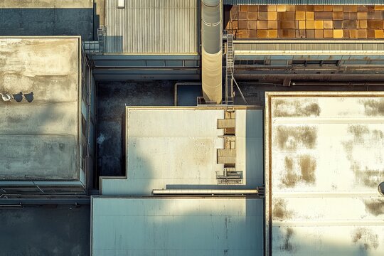Aerial view of urban rooftops with textured surfaces and industrial features - Powered by Adobe