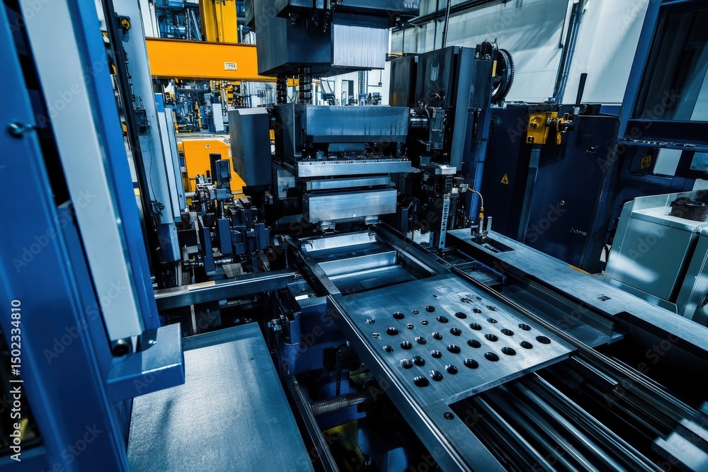 Poster high tech manufacturing machinery in industrial setting with automated assembly features