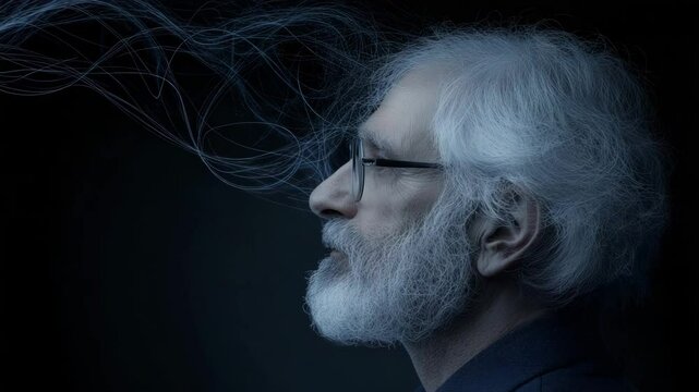 Thoughtful Contemplation: A man in profile, with a long white beard and glasses, exhales an ethereal, flowing aura representing deep thought and contemplation.