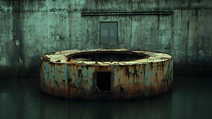 Fototapeta premium Rusted circular metal structure partially submerged in water against a weathered concrete wall with a small window. Evokes mystery and decay.