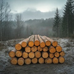 Stack of cut timber in remote forest area, cloudy sky,generative ai illustration