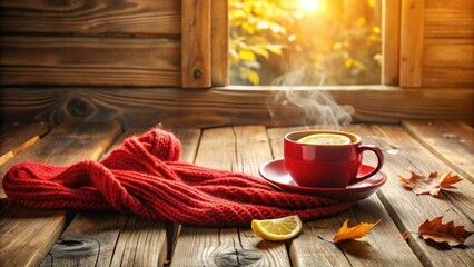 Warm autumn beverage with lemon in a red cup beside a cozy red knitted scarf on a rustic wooden surface near a window with a view of nature's autumnal colors.