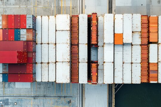 Aerial view of stacked shipping containers in harbor area