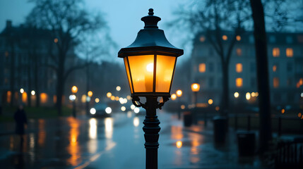 Atmospheric image of a lit street lamp on a rainy night, with blurred city lights and buildings in the background.  Creates a moody, tranquil, and slightly melancholic vibe.