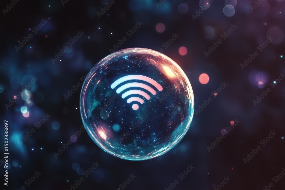 Poster floating wifi extender within a bubble in a colorful galaxy setting, wifi extender in bubble, floati