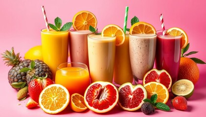 Vibrant fruit smoothies & dairy drinks in assorted colors on pink backdrop with citrus garnish, foodphotography, cold