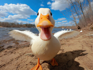A white duck is laughing and smiling, with its mouth open wide. The background features the river in springtime, with a blue sky and white clouds