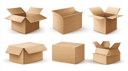 Fototapeta premium Six open and closed cardboard boxes of varying shapes and sizes, depicted against a white background