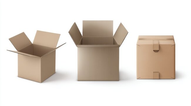 Three empty cardboard boxes, one open and angled, one fully open, and one sealed, on a white background - Powered by Adobe