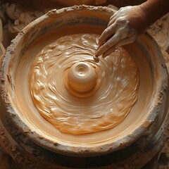 Top-down view of a spinning pottery wheel with clay taking form, motion blur effect,generative ai illustration