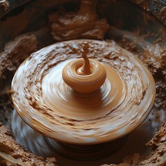 Top-down view of a spinning pottery wheel with clay taking form, motion blur effect,generative ai illustration