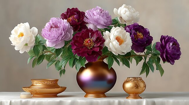 Blue purple orange peonies in vase high resolution photo