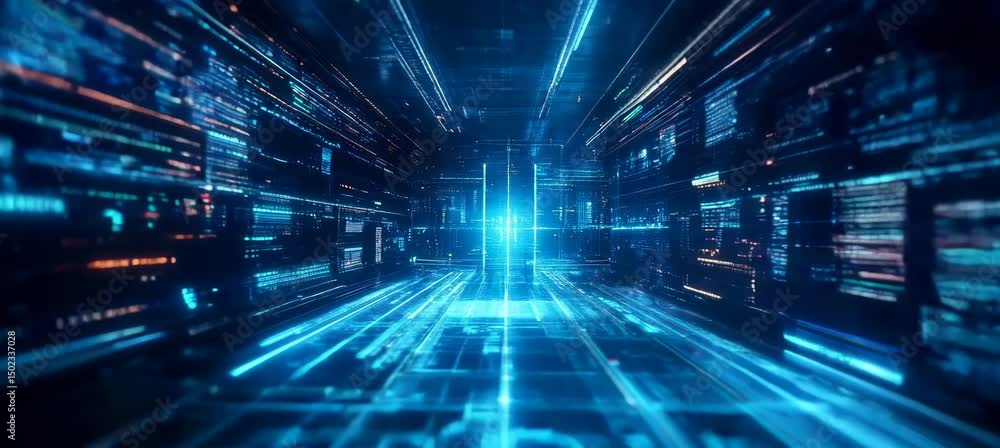 Poster cyberspace time travel. virtual digital space portal. generative video ai technology.