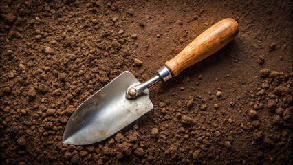 A weathered gardening trowel with a wooden handle rests gently on a bed of rich, dark brown soil, ready for planting.