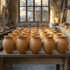 Traditional pottery-making workshop with tools and clay pots, cozy and warm atmosphere,generative ai illustration