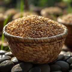 Obraz premium Traditional woven basket full of freshly harvested rice grains, close-up,generative ai illustration