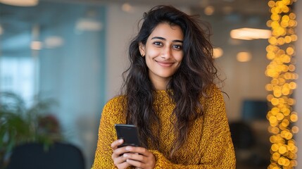 Smiling Indian Woman Holding Smartphone in Cozy Indoor Setting