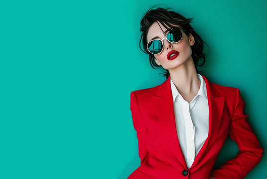 Confident woman in red suit and sunglasses against turquoise background  