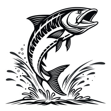black and white jumping fish clip art preview