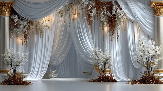 Elegant wedding floral backdrop with golden elements and drapery high resolution image